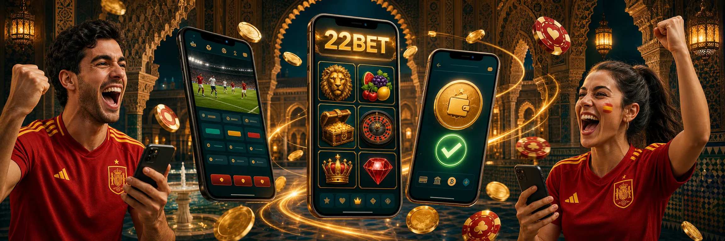 Pantallas de la app de 22Bet con slots, apuestas en vivo y la caja