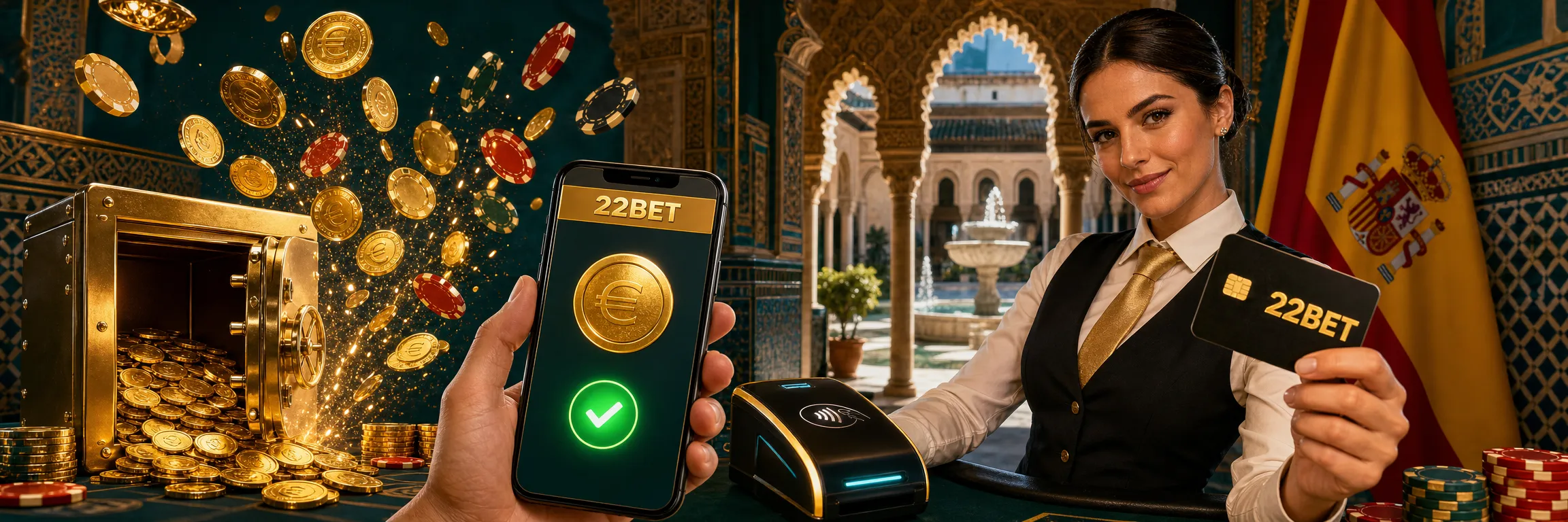 Caja de 22Bet con tarjetas, monedero digital, monedas de euro y cripto