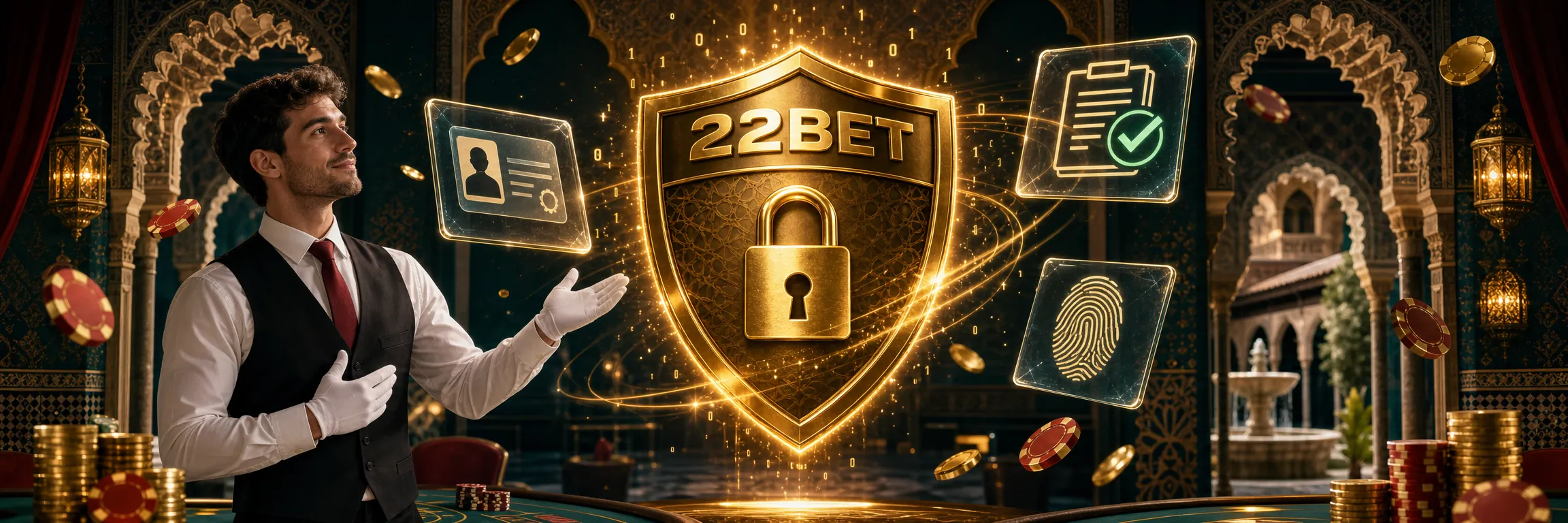 Escudo dorado con candado, cifrado SSL y documentos de verificación KYC