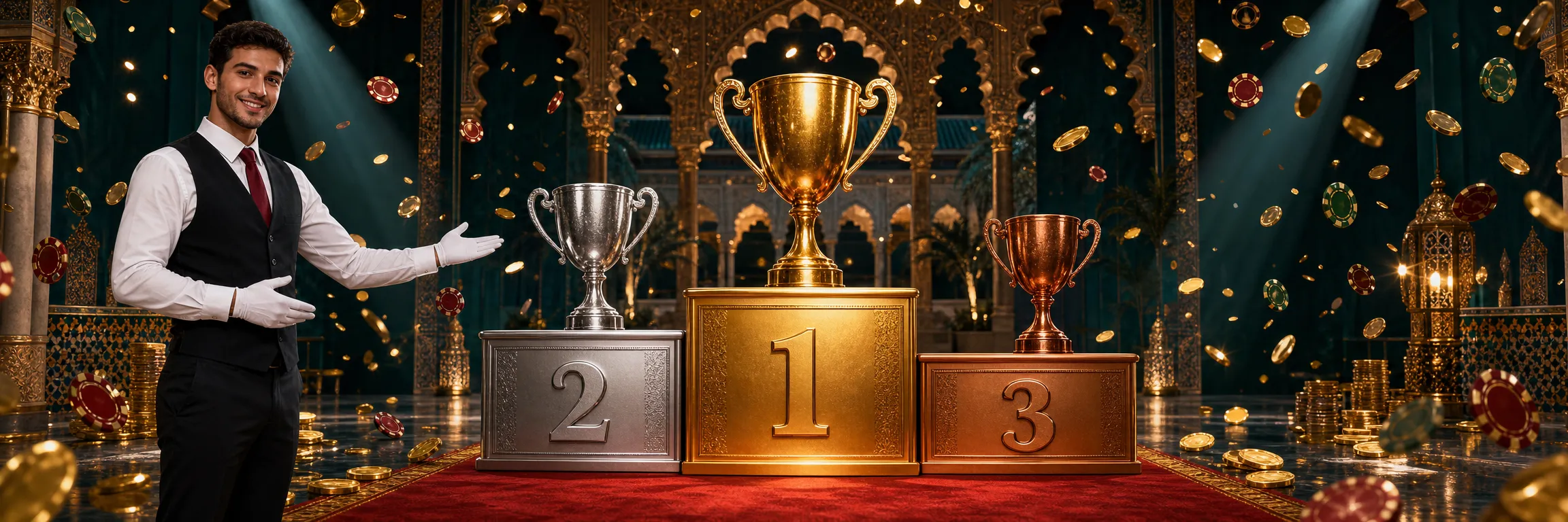 Podio de torneo de 22Bet con trofeos, fichas de casino y monedas de oro