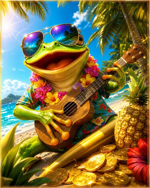 Portada del juego Aloha King Elvis con una playa tropical y una guitarra