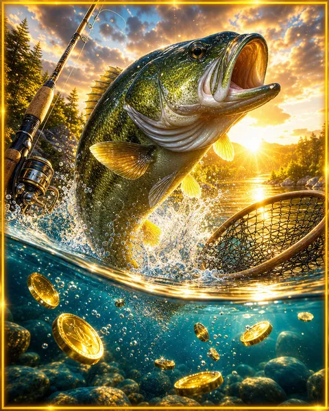 Portada del juego Big Bass Bonanza con un pescador y un pez dorado