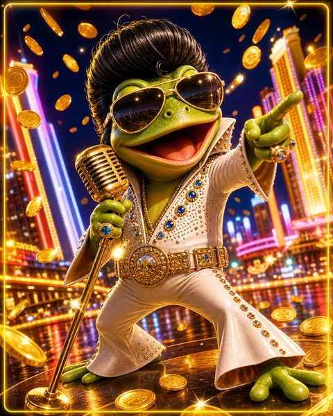 Portada del juego Elvis Frog in Vegas con una rana cantante en Las Vegas