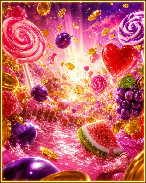 Portada del juego Sweet Bonanza con caramelos y fruta de colores